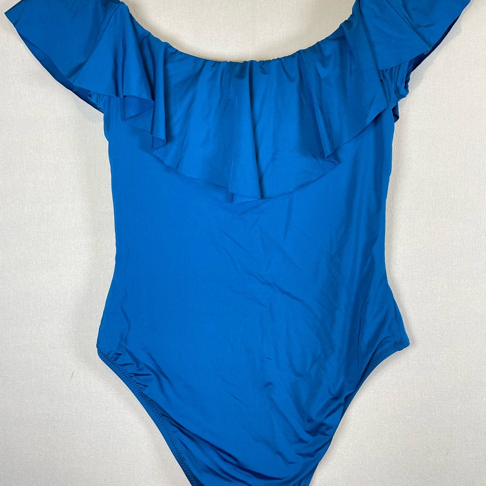 Trina Turk Blue Off Shoulder One Piece Swimsuit Womens 6 Ruffle - Picture 5 of 8